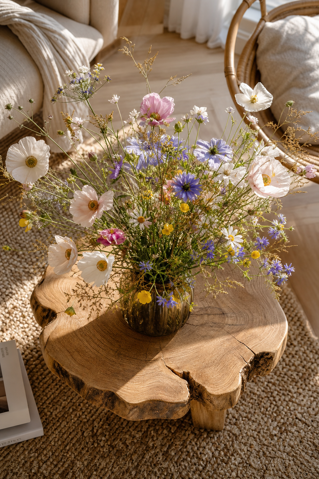 Papier wildblumen auf holzplatte nahaufnahme