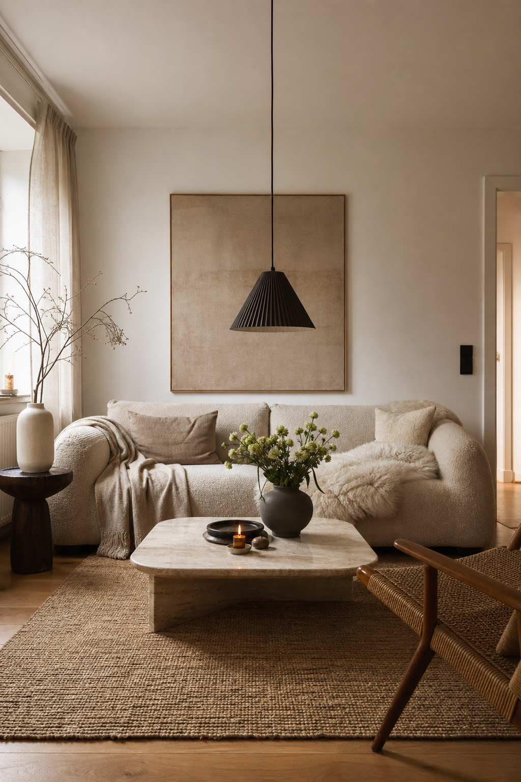 Bouclé sofa frontal im Wohnzimmer