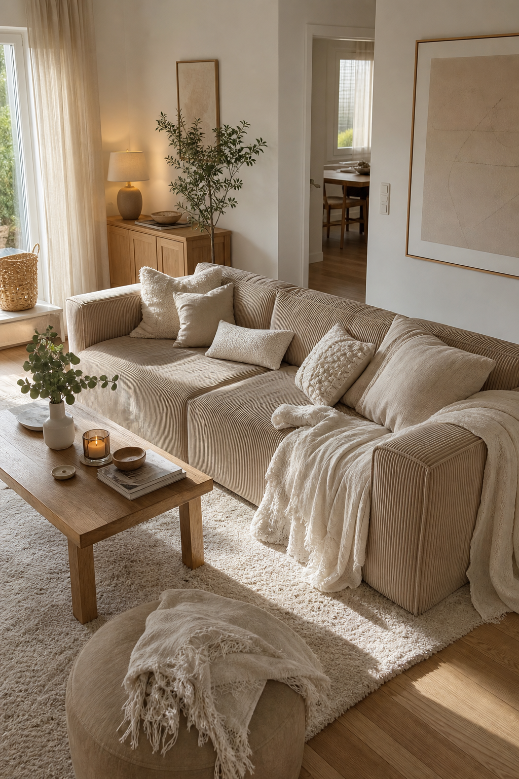 Cord-sofa mit neutralen Textilien