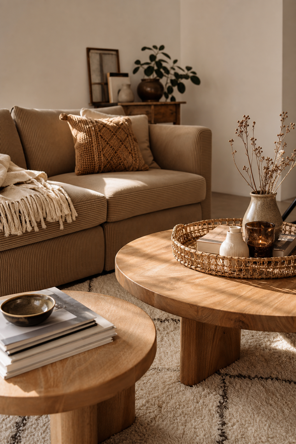 Cord-Sofa mit runden Couchtischen Wohnzimmer