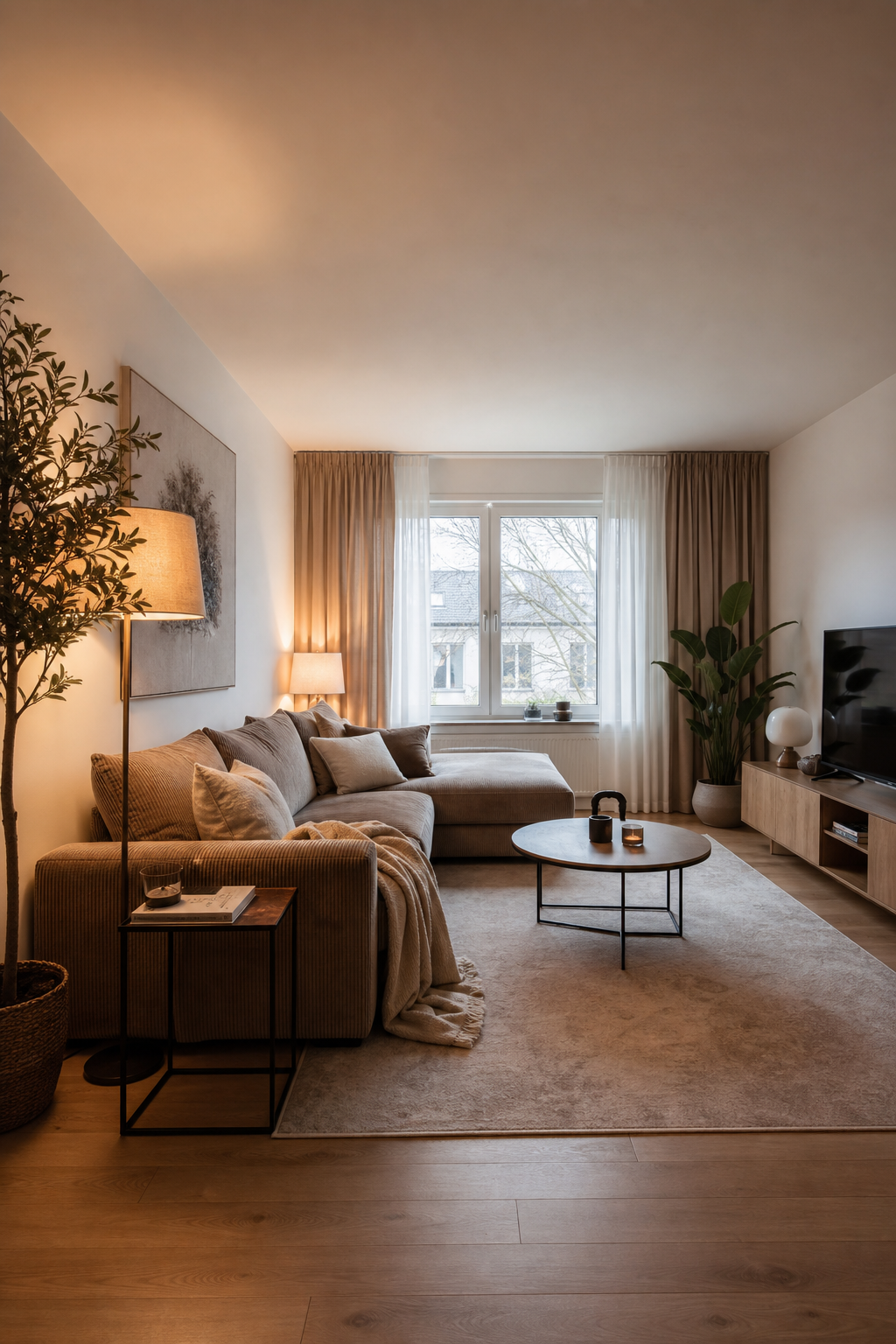 Wohnzimmer mit Cord-Sofa und dimmbaren Stehlampen