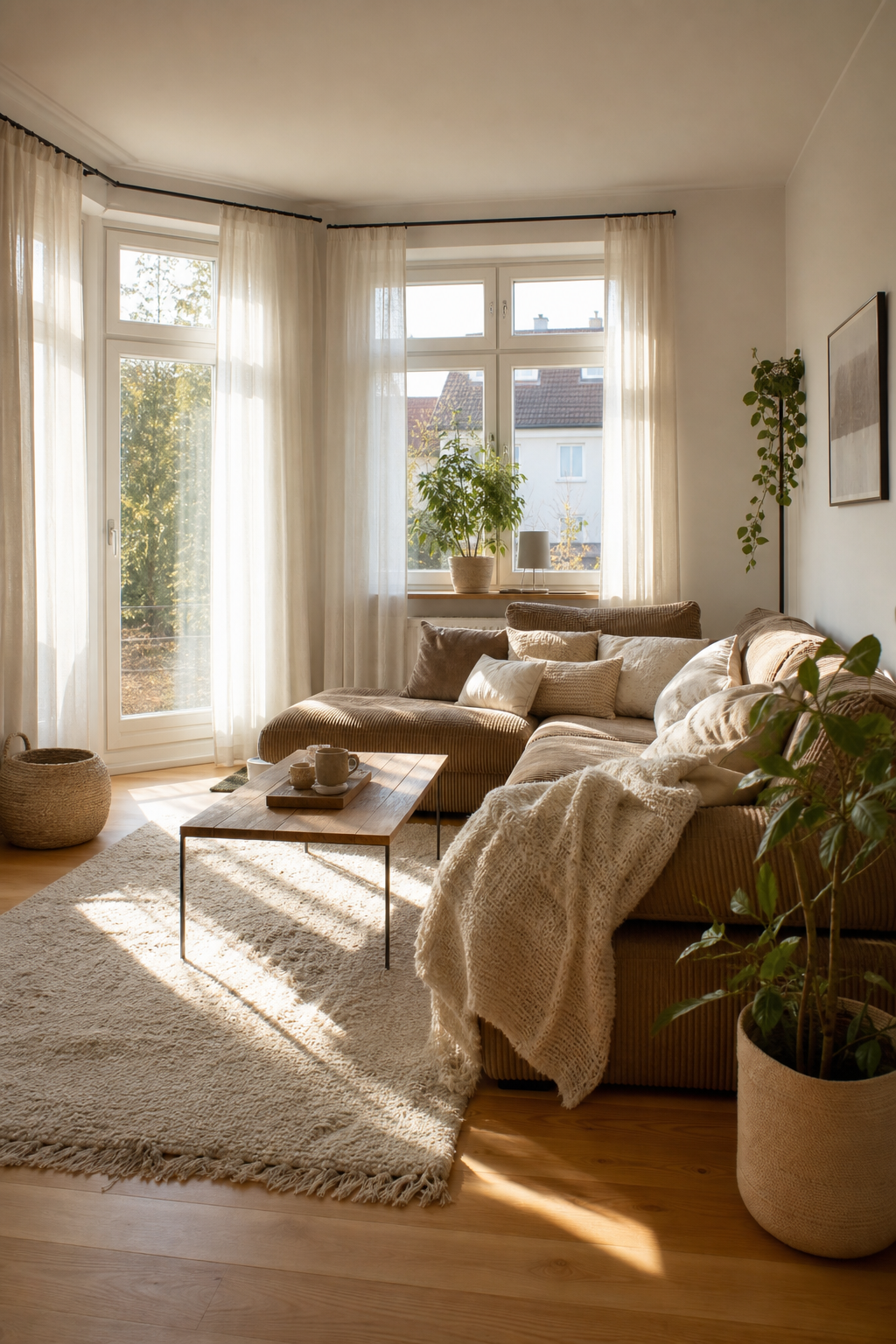 Cord Sofa vor luftigen Vorhängen