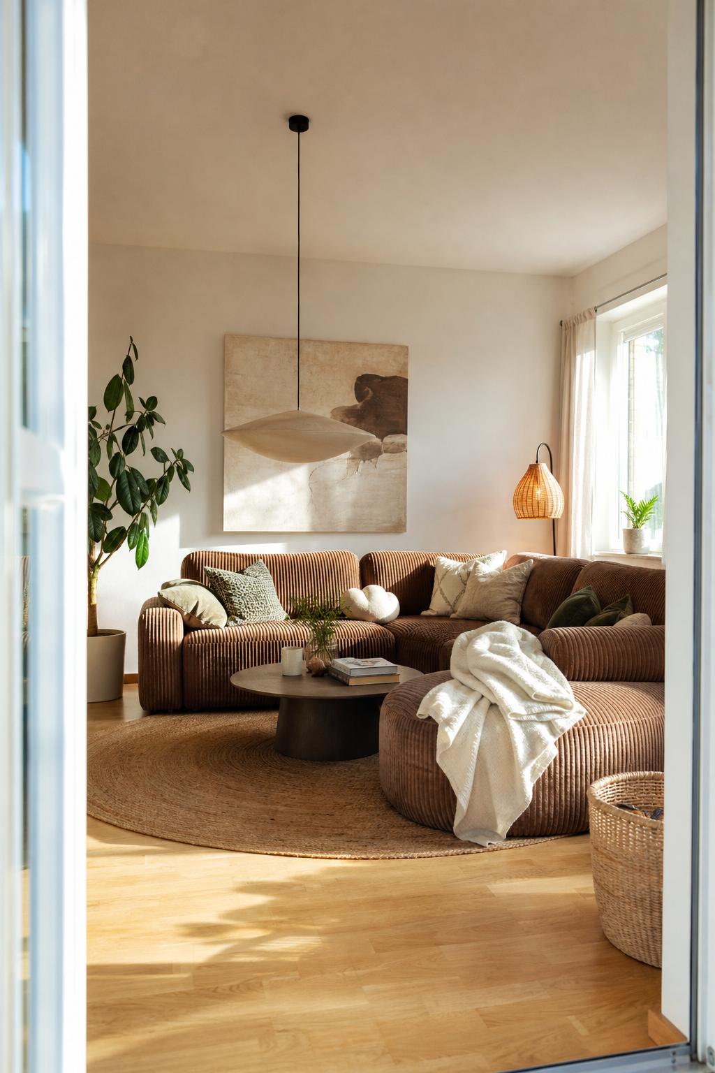 Wohnzimmer mit Cord-Sofa und großem Rundteppich