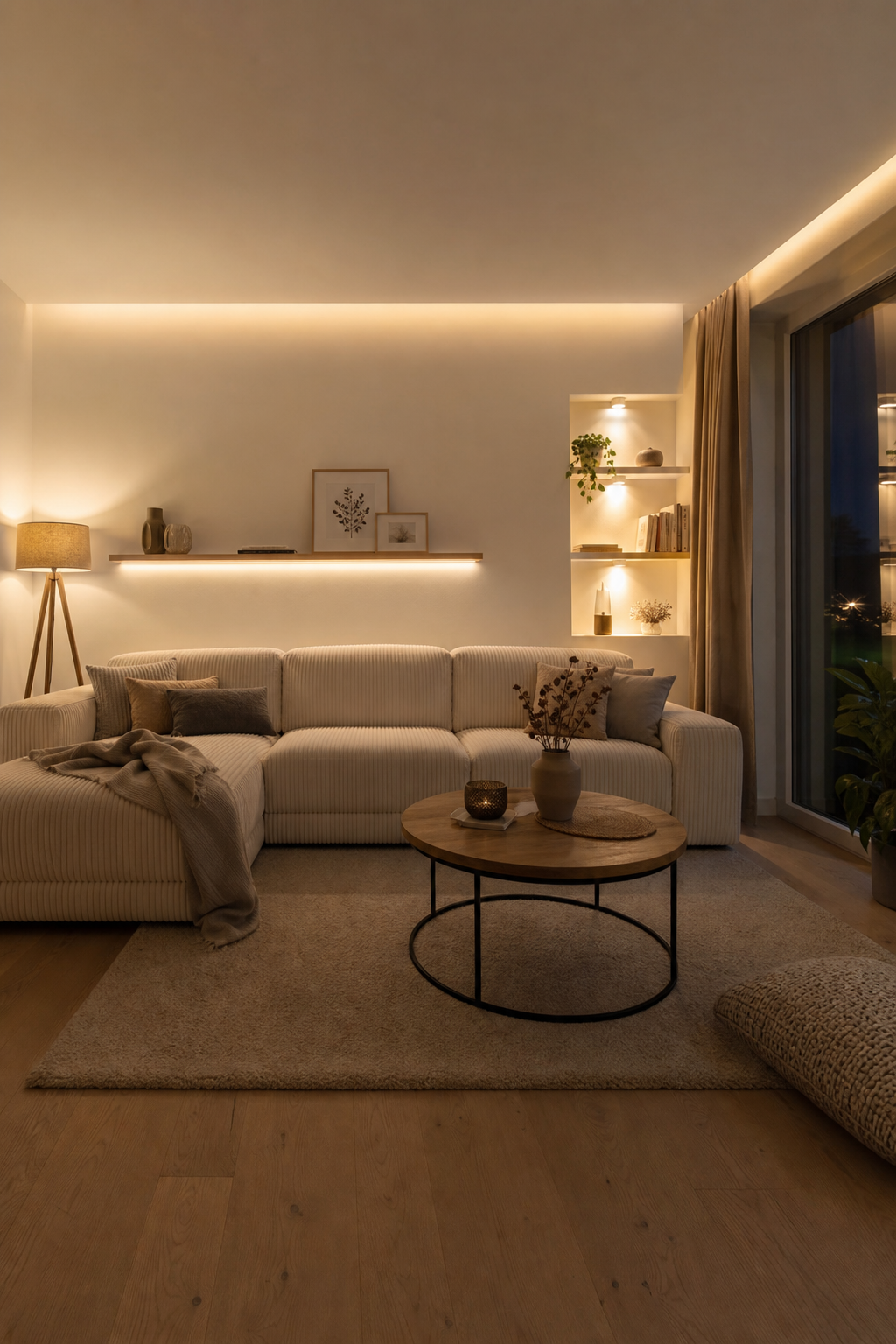 Cord sofa mit indirekter Beleuchtung