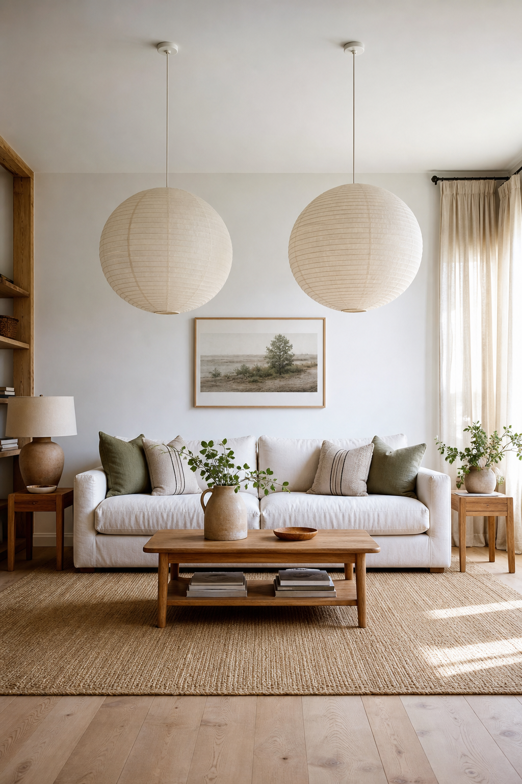 Skandinavisches Wohnzimmer mit bunten Schalenlampen