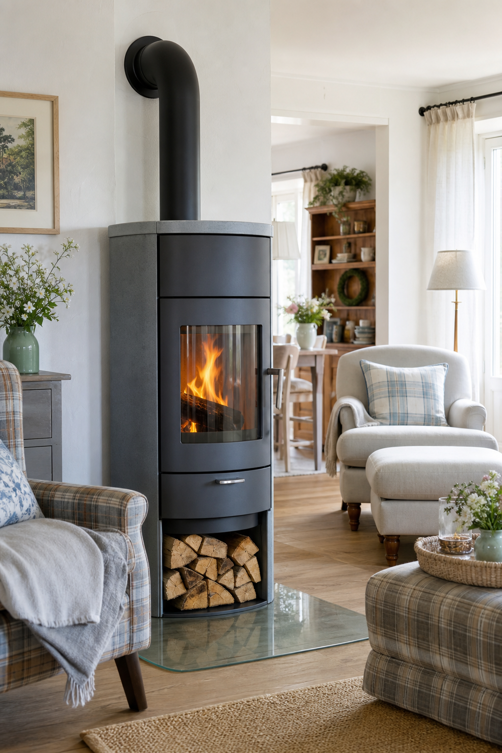 Freistehender Kamin im rustikal-modernen Wohnzimmer