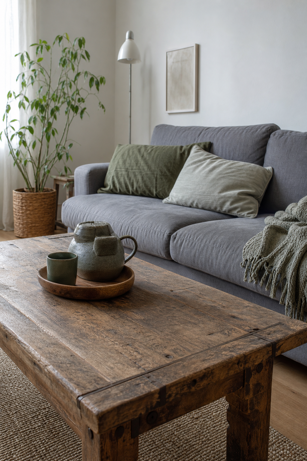 graues sofa mit holztisch und pflanze