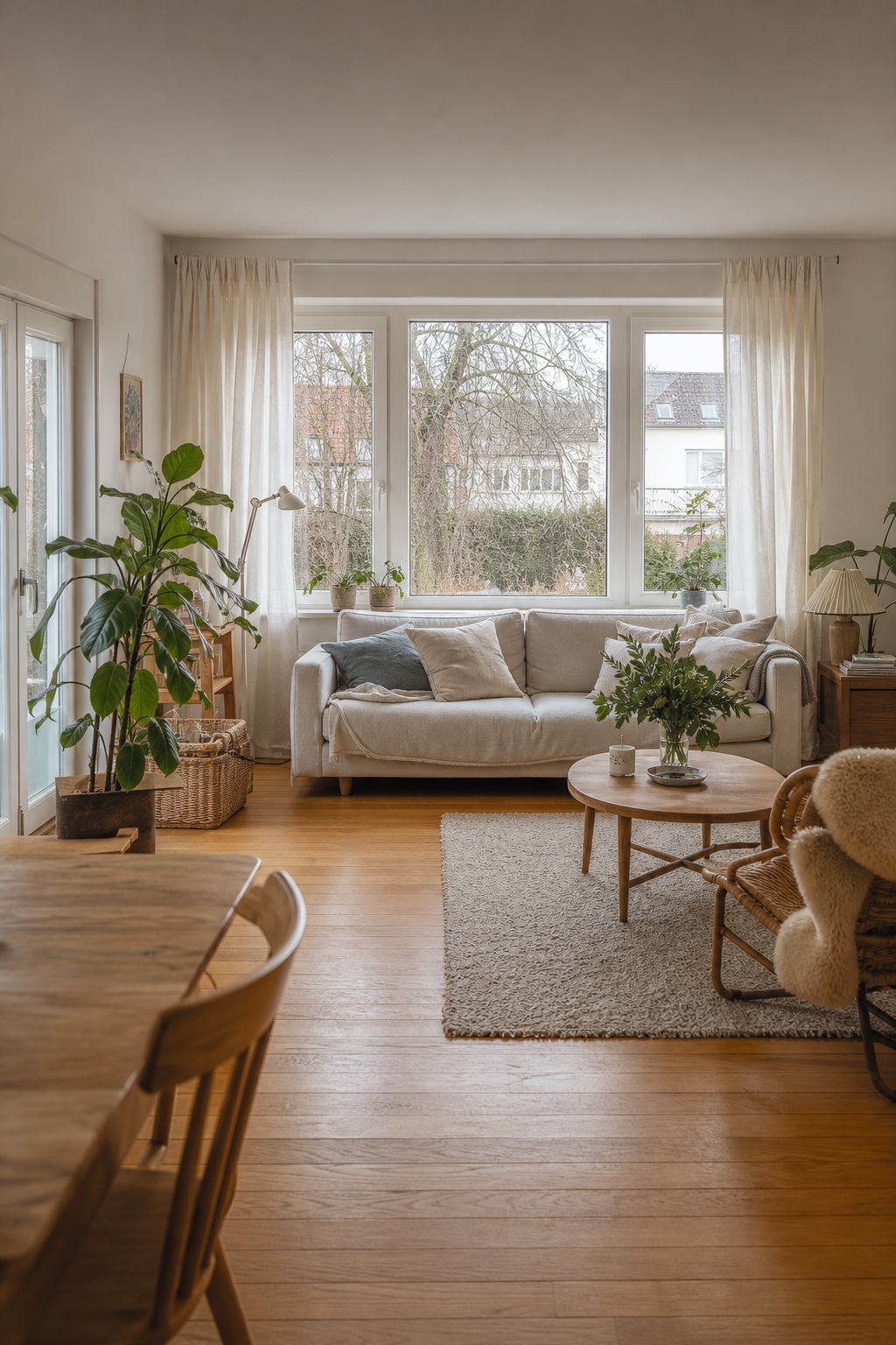 Wohnzimmer große Fenster Holzboden