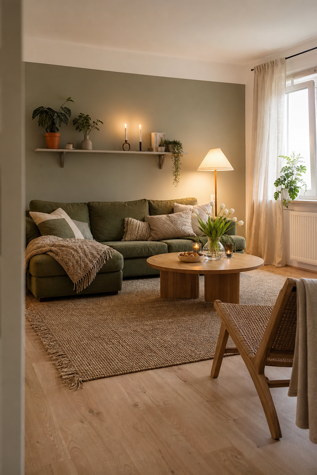 grünes sofa vor salbeiwand, weite sicht