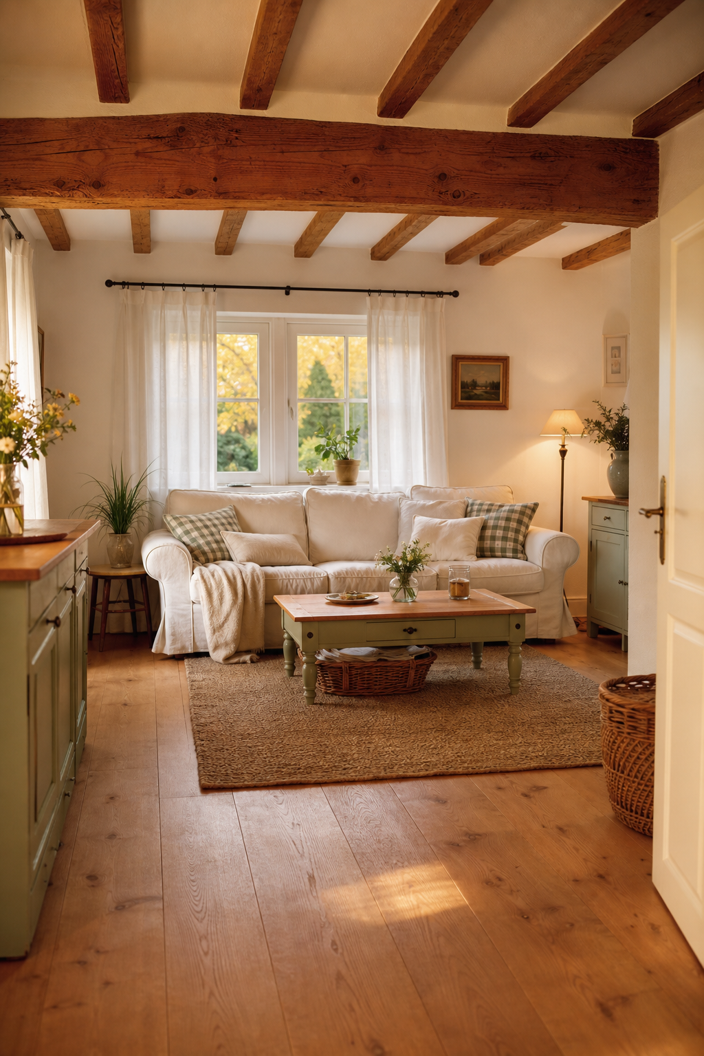 helles sofa unter sichtbaren holzbalken