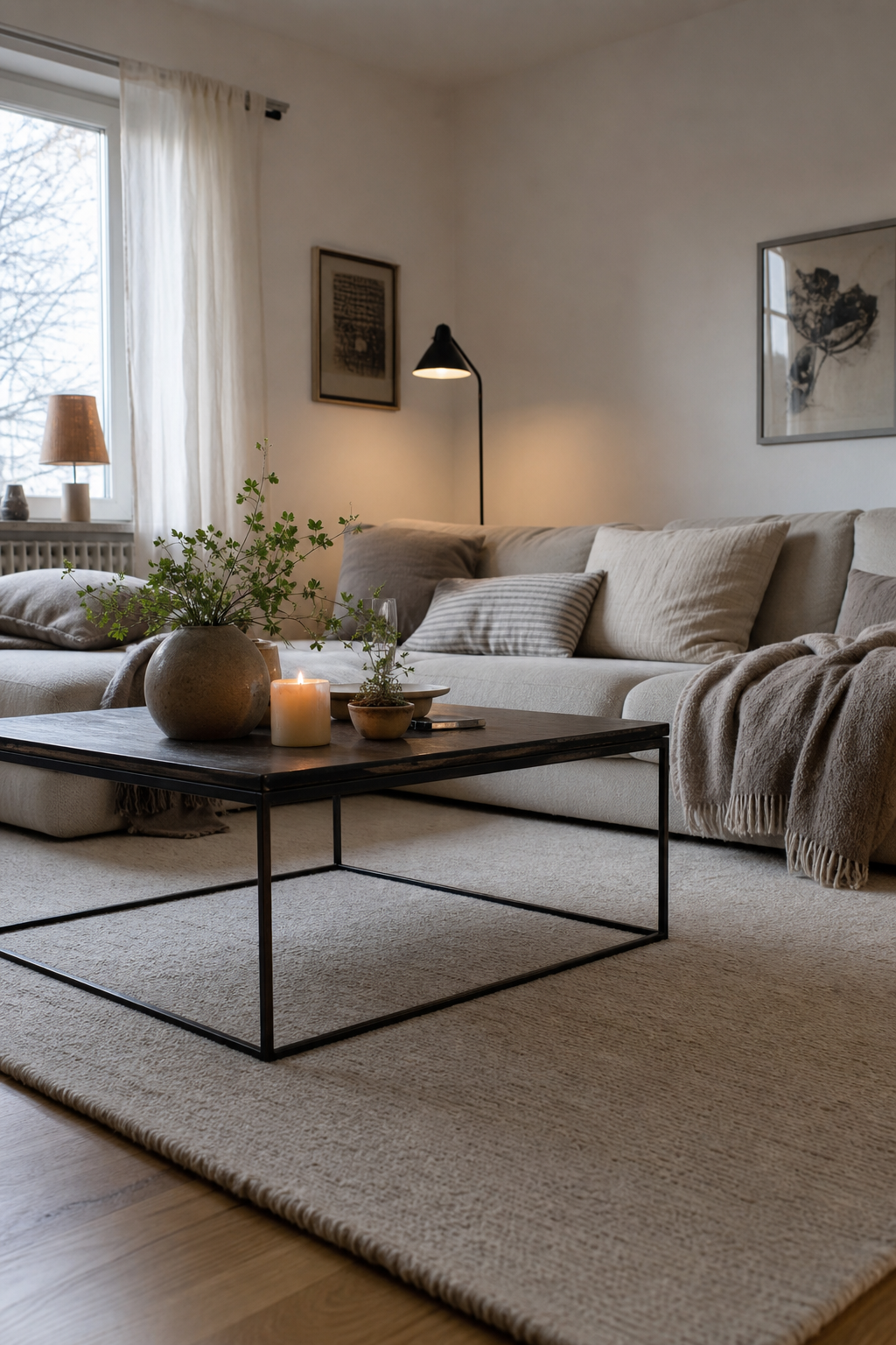 Heller Wollteppich unter Sofa und Tisch