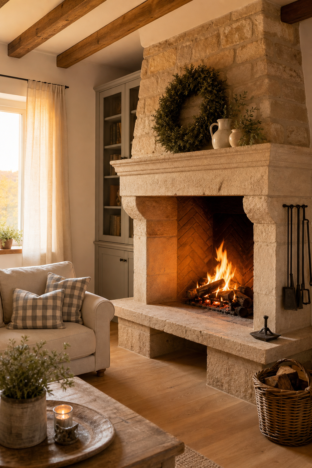 Wohnzimmer Kamin Holzbalken warm neutral