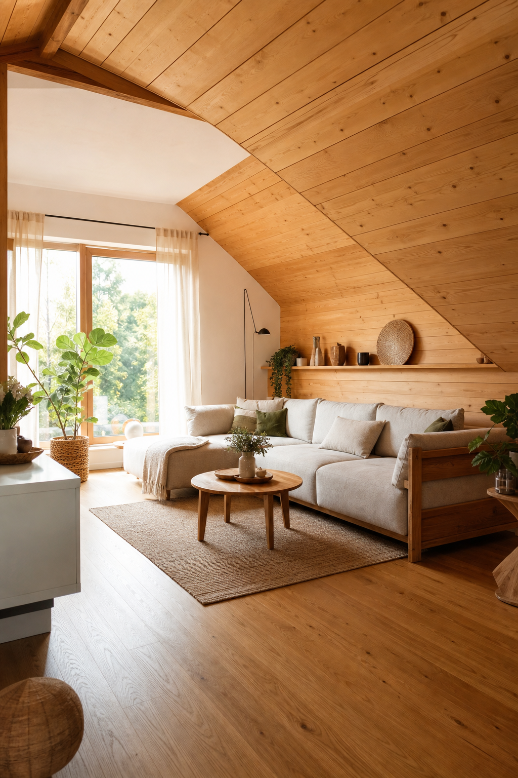 Wohnzimmer mit Holzvertäfelung und schrägem Dach