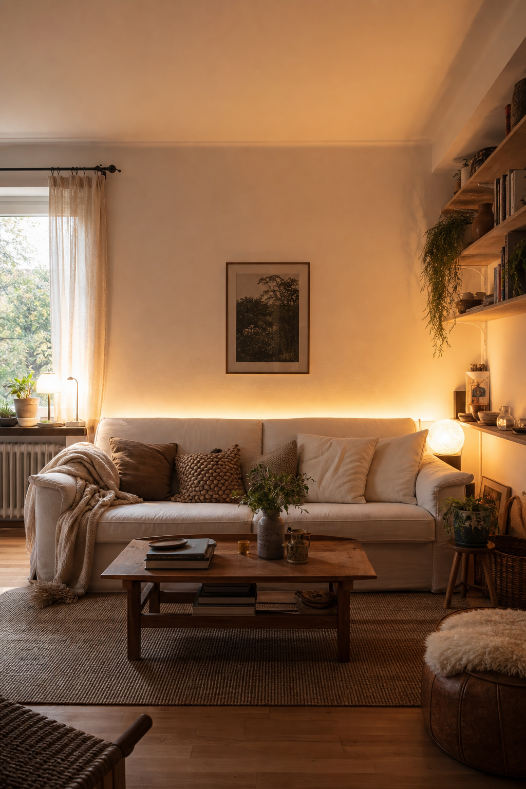 Wohnzimmer mit indirekter Beleuchtung und Sofa