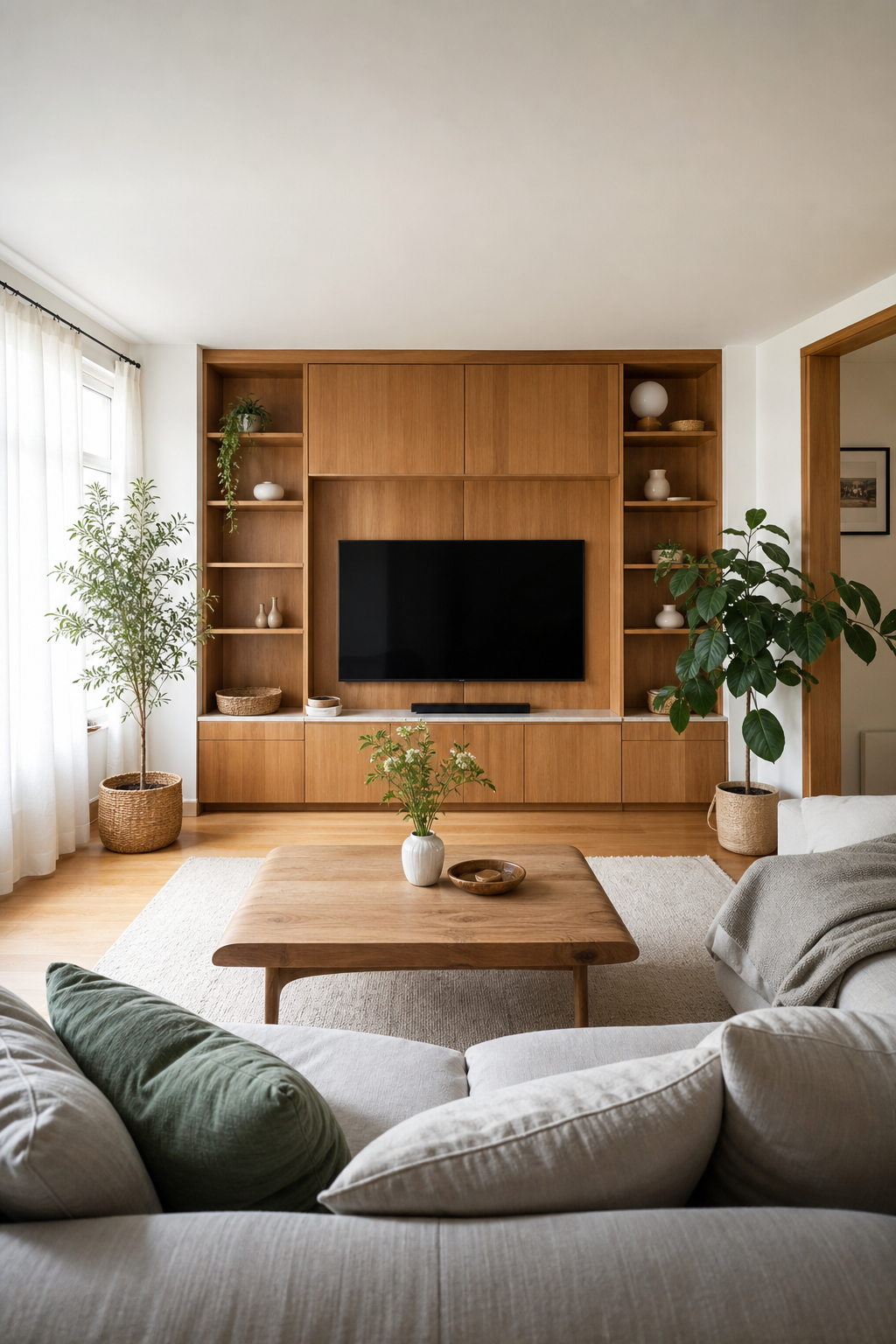 Skandinavisches Wohnzimmer mit Holz-TV-Wand und Pflanzen