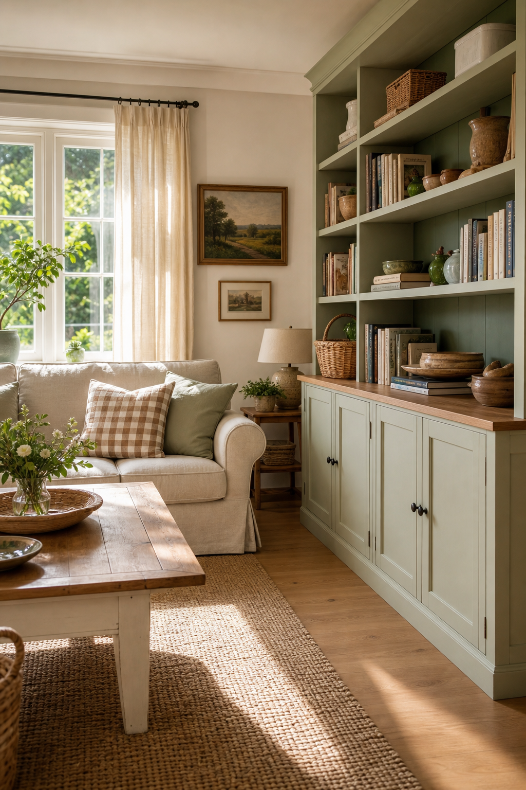 Offenes Regal Wohnzimmer mit Naturteppich