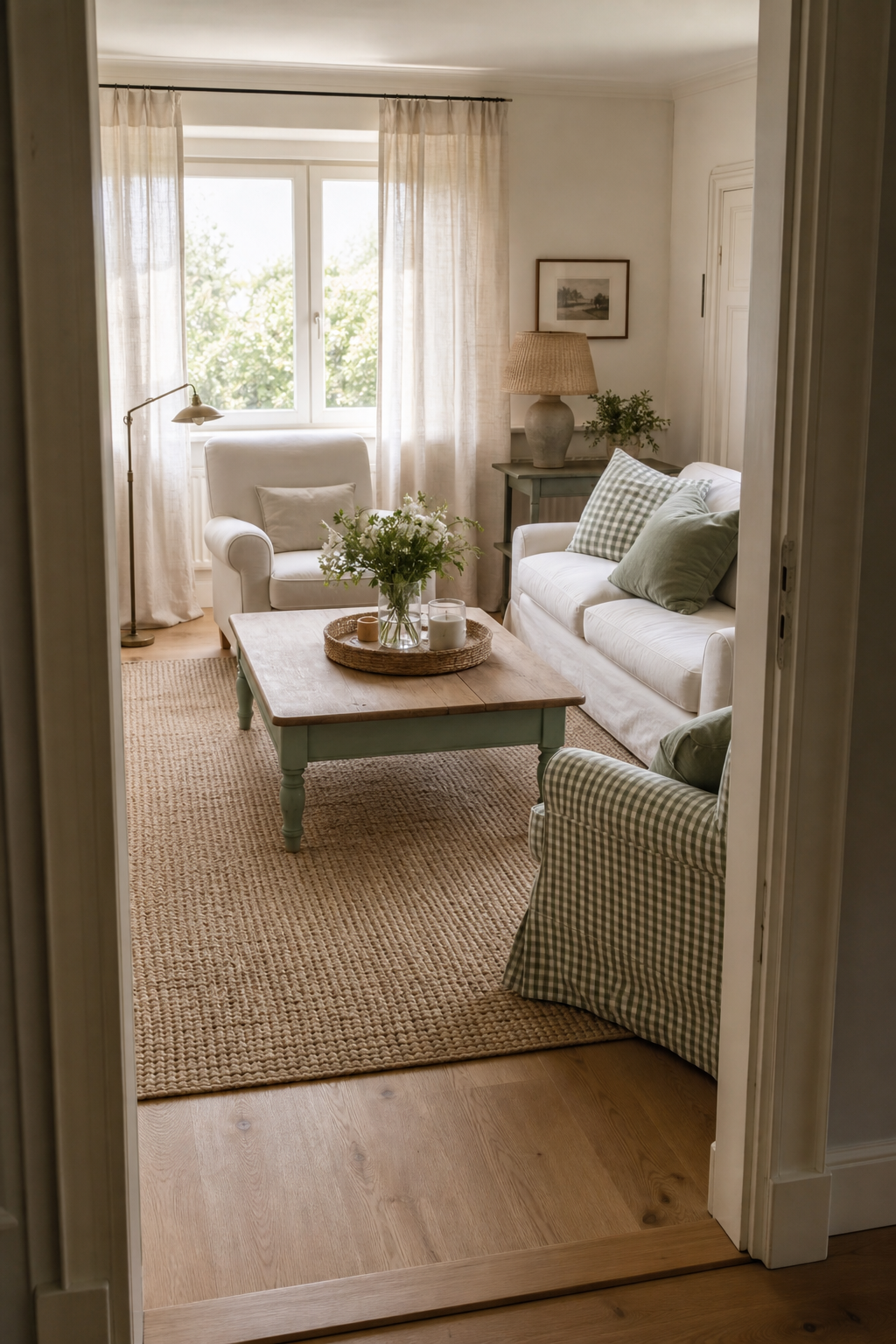 Wohnzimmer mit sichtbaren Deckenbalken und Sofa