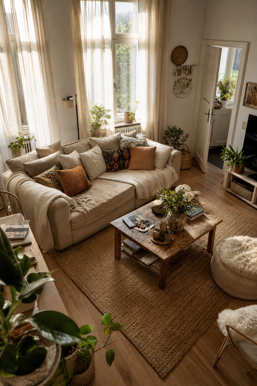 Sofa frontal mit vielen Kissen