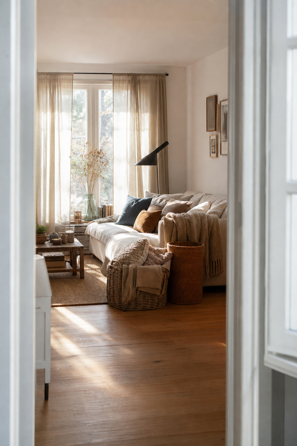 Sofa mit warmen Decken und Körben