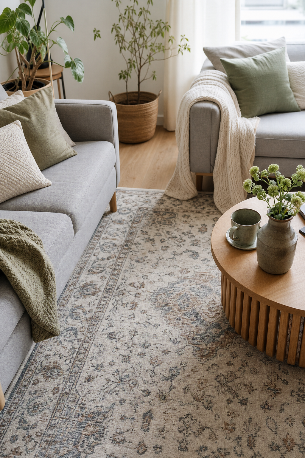 Wohnzimmerecke mit zwei Sofas am Regal