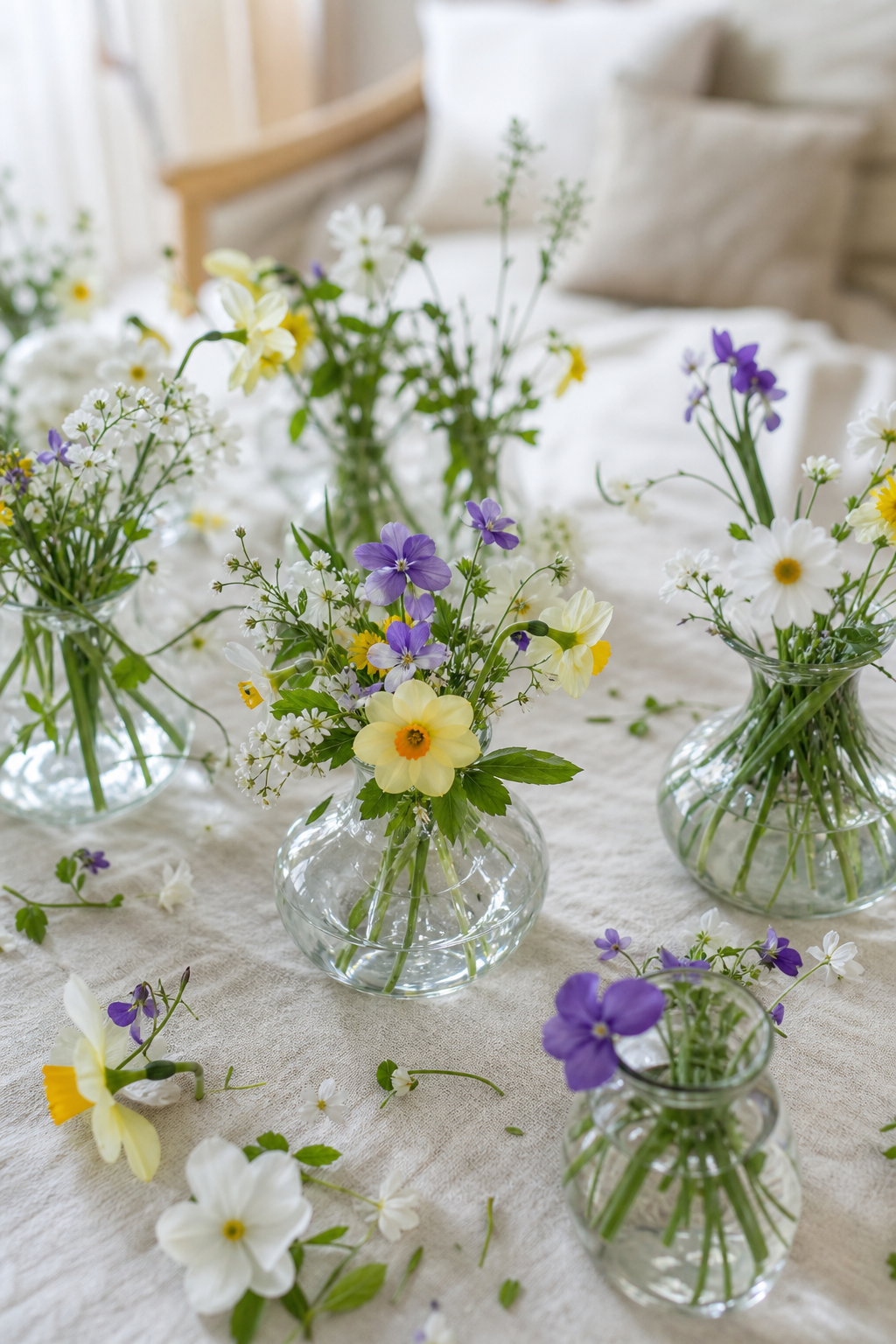 Reihe kleiner Vasen mit Wildblumen