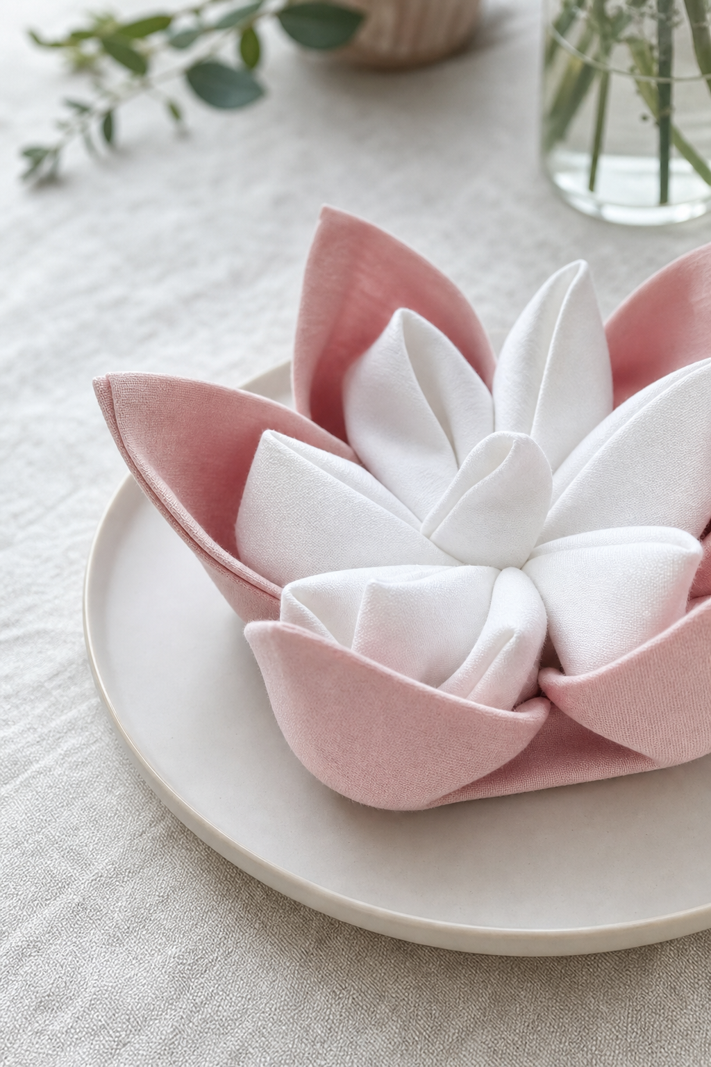 Rosa weiße Serviettenblüte auf Tellerrand