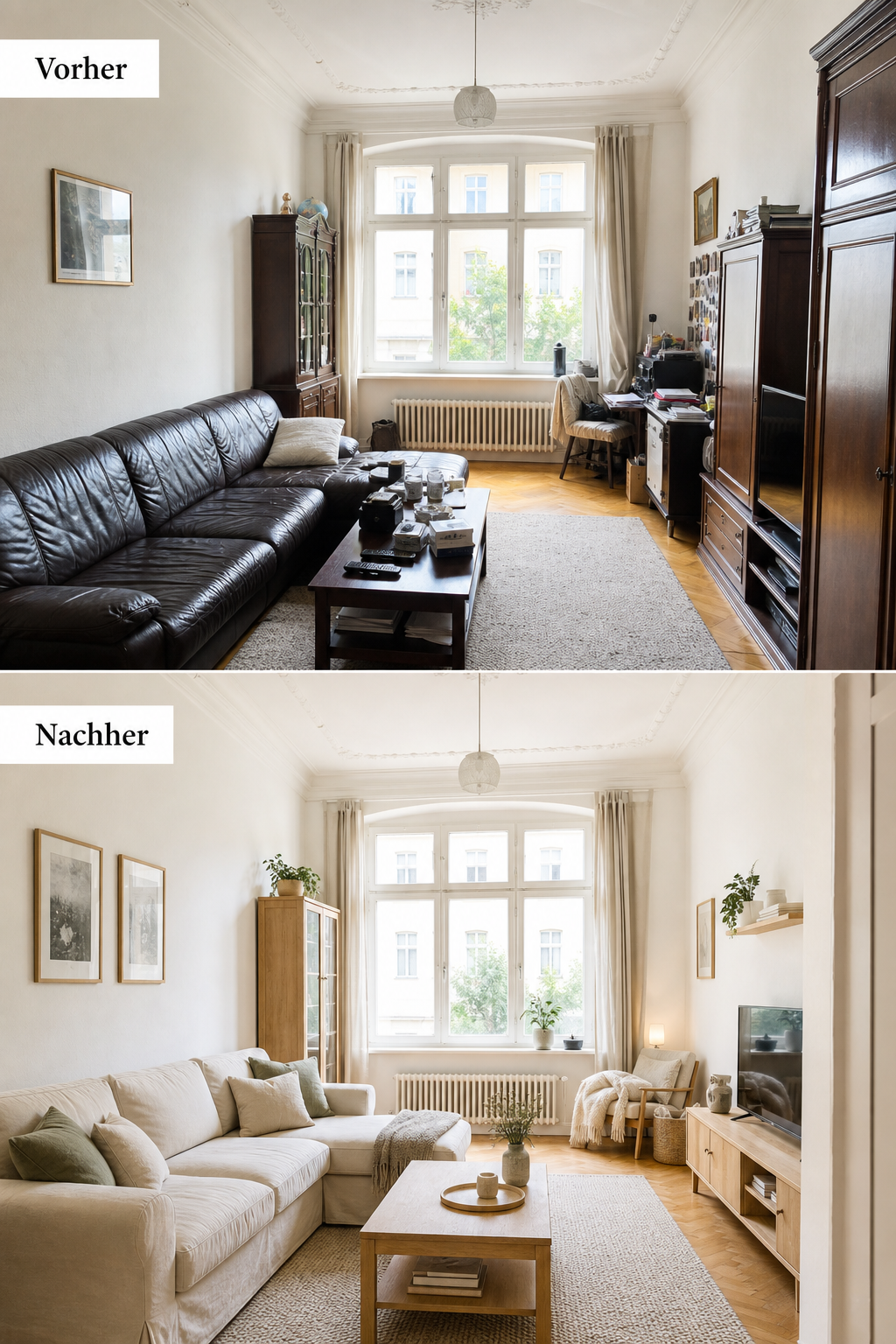 Vorher Nachher kleines Altbau Wohnzimmer Vergleich