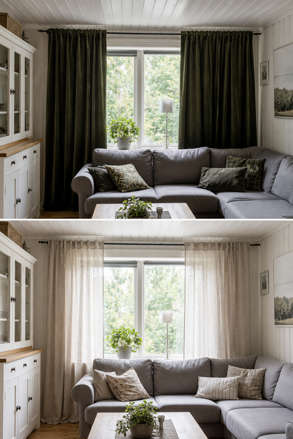 kleines landhauswohnzimmer leichte vorhänge vorher nachher