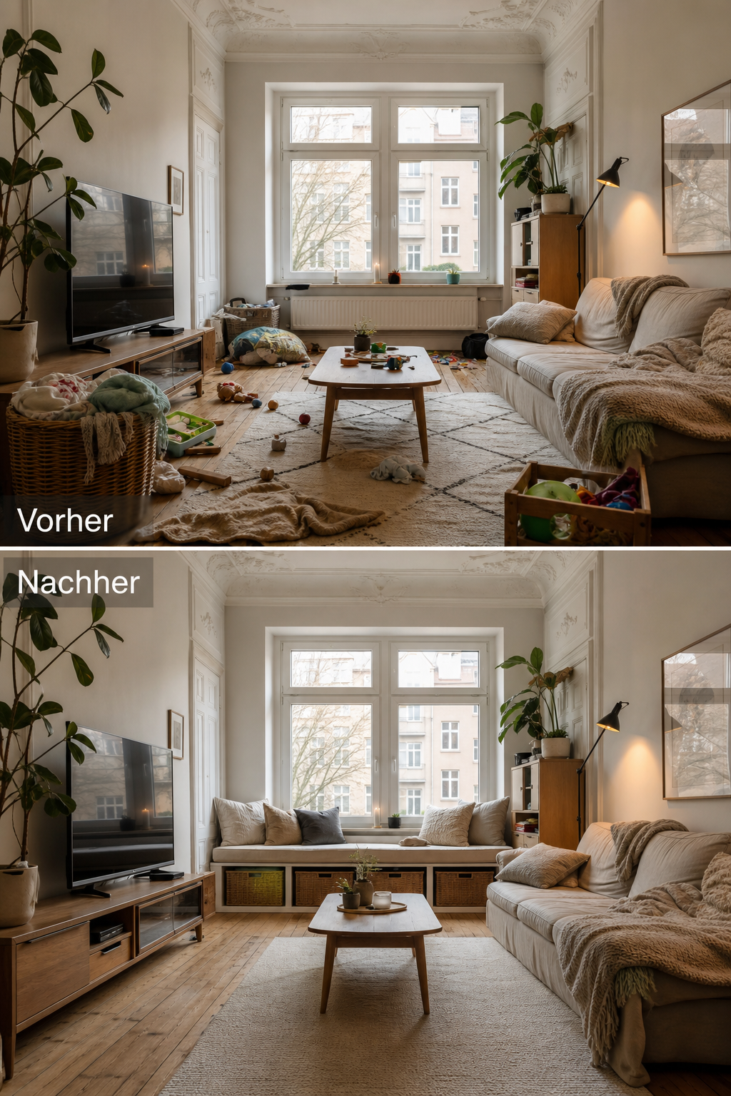 kleines altbauwohnzimmer mit integriertem stauraum