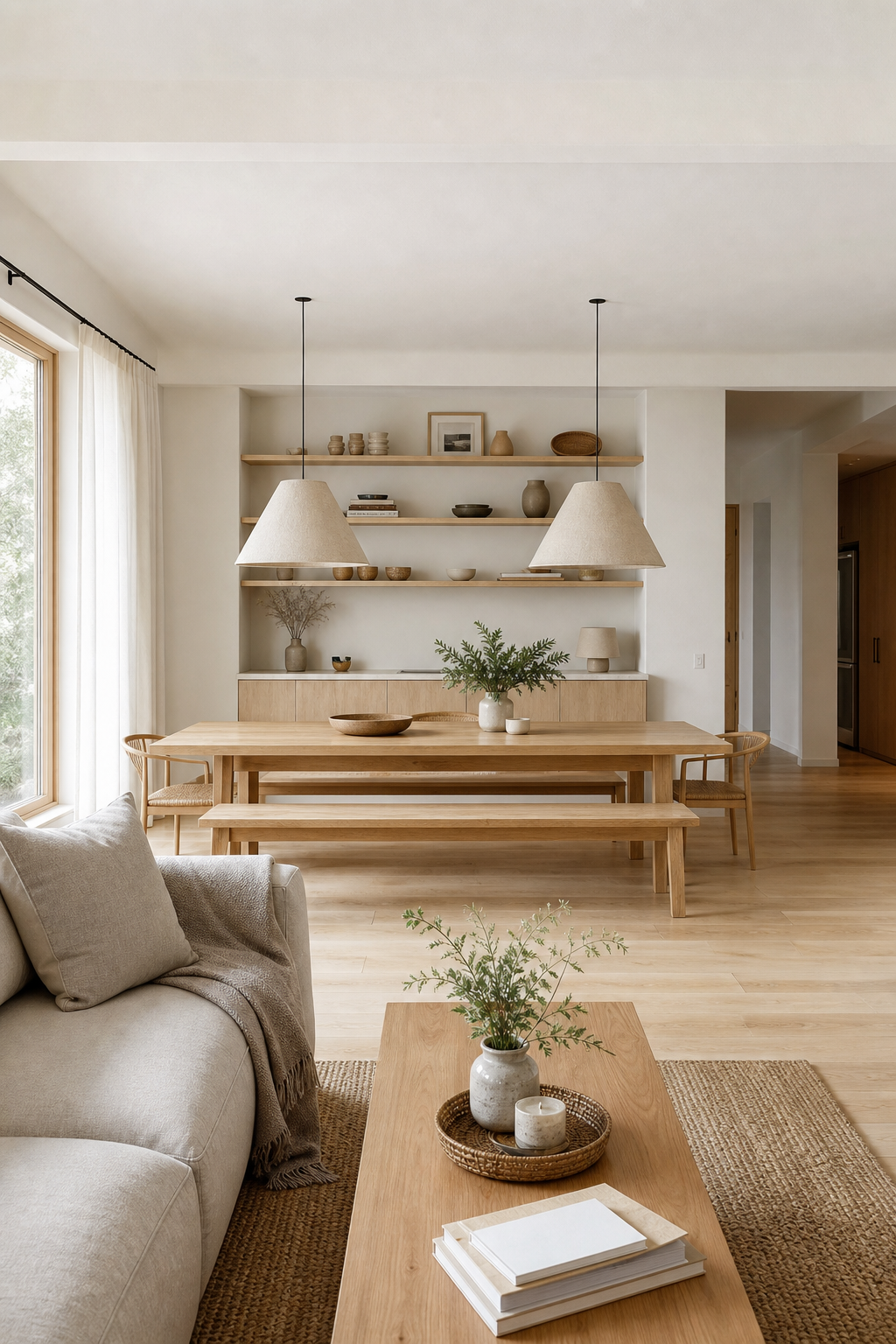 beige Pendelleuchten über Esstisch, skandinavisch
