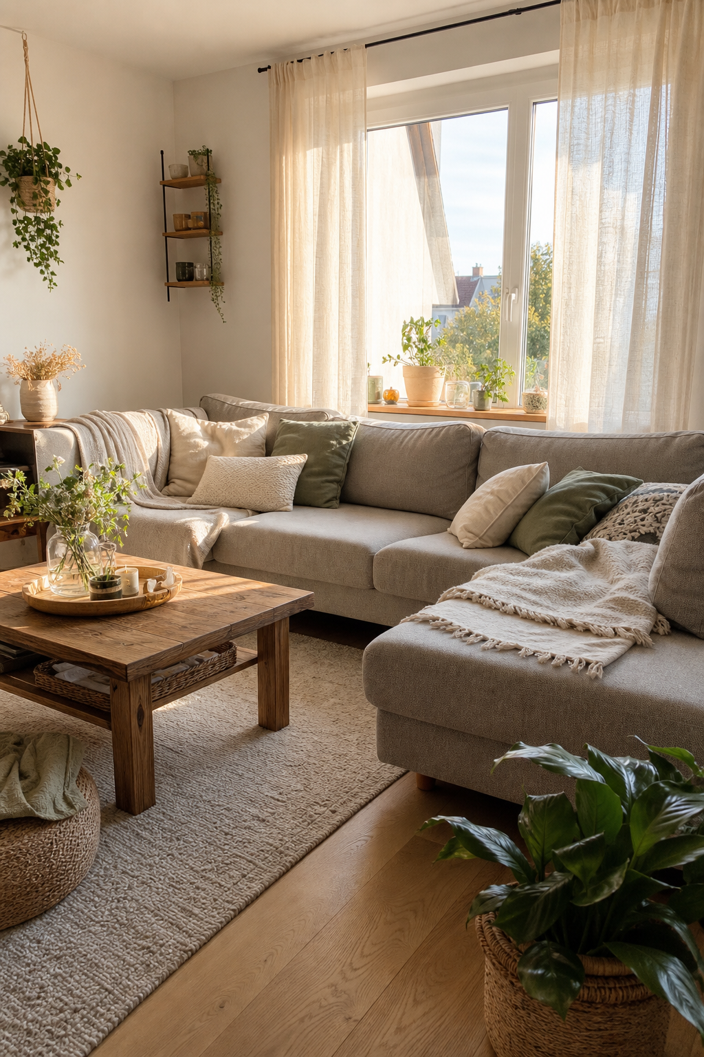 Wohnzimmer L‑Form Sofas am Fenster
