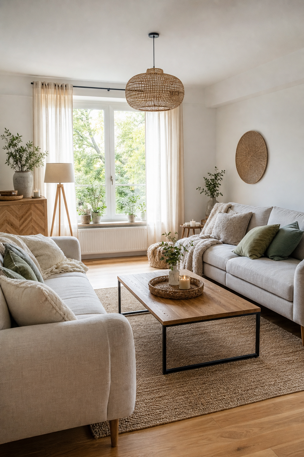 Wohnzimmer mit zwei Sofas und gemustertem Teppich