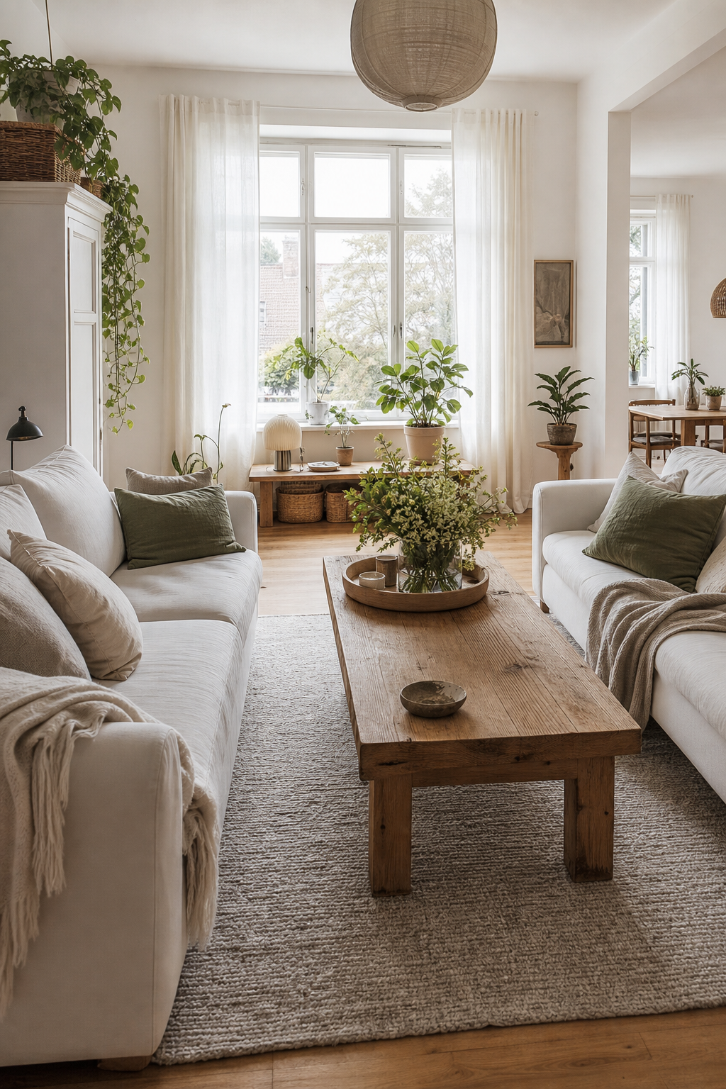Wohnzimmer mit zwei Sofas und Holzcouchtisch