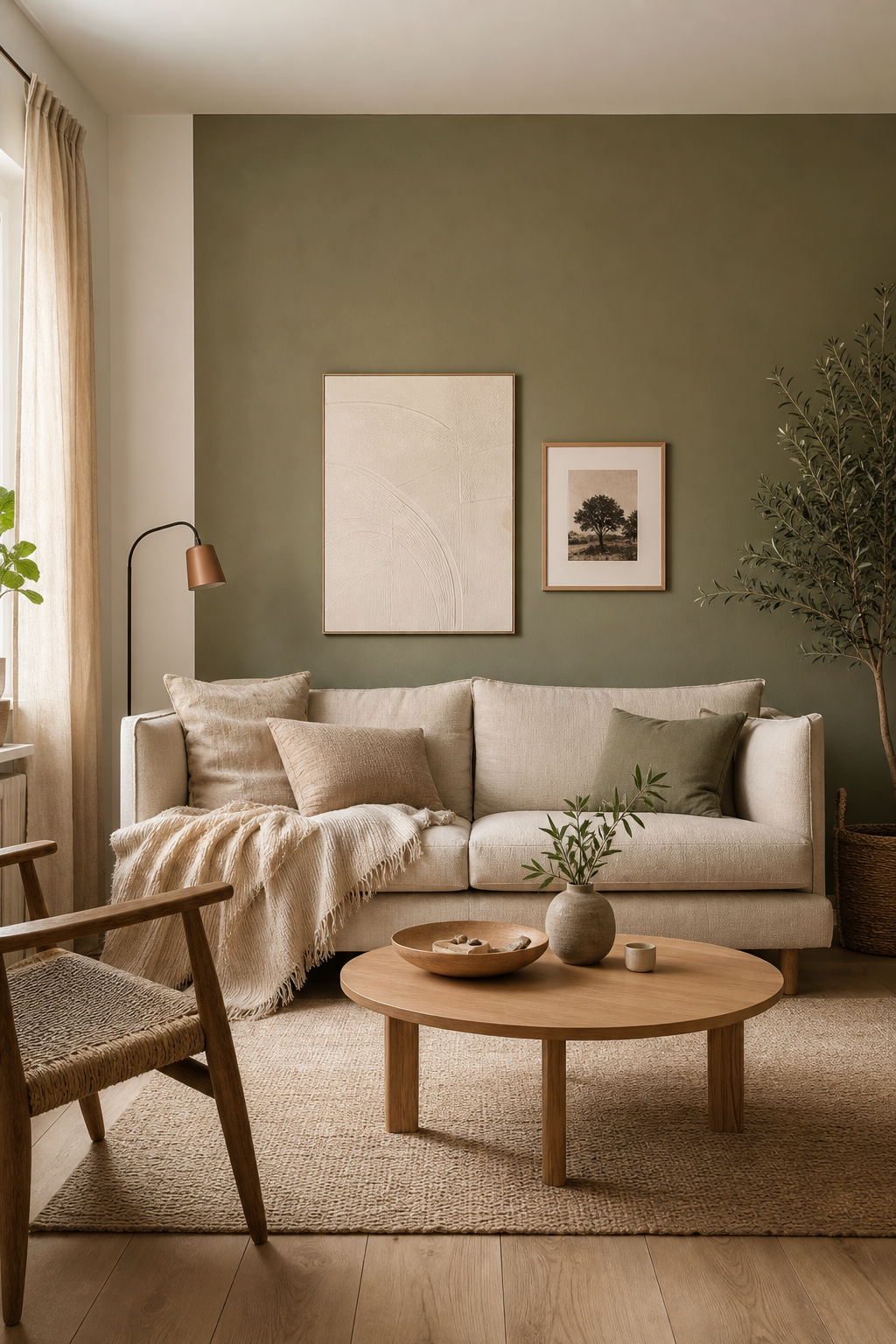 beiges sofa vor salbeigrüner akzentwand