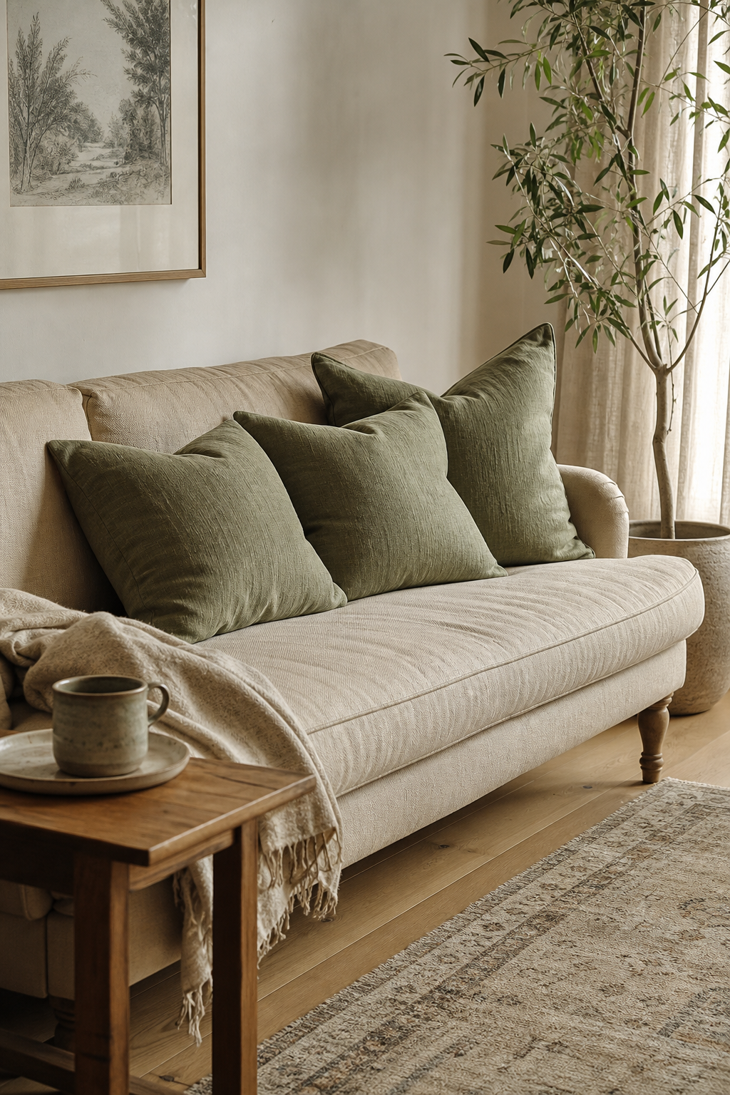 beiges sofa mit salbeigrünen kissen frontal nahaufnahme